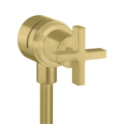 Ein goldfarbener Badarmaturen-Umsteller mit einem Kreuzgriff, der für die Steuerung von Wasserflüssen in Badezimmerinstallationen verwendet wird.